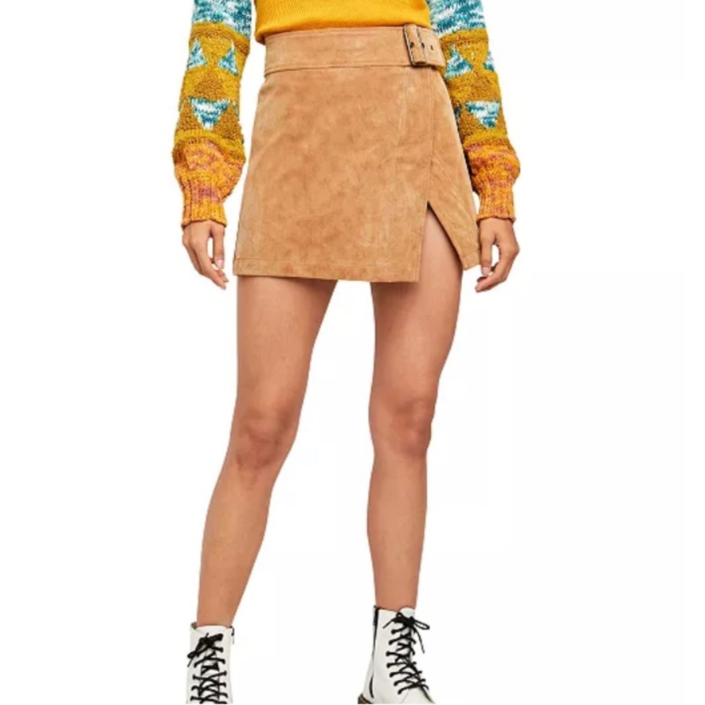 Free People Womens camel colored “Ari” faux leather wrap skirt